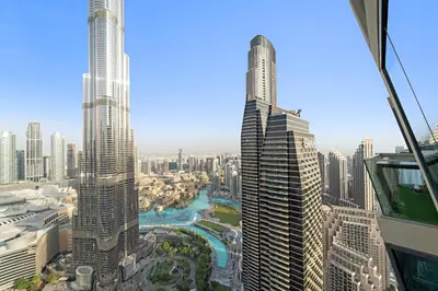 a view of a city with tall skyscrapers at FIRST CLASS 3BR with full BURJ KHALIFA and FOUNTAIN VIEW in Dubai