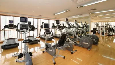 a gym with a bunch of exercise bikes and treadmills at Grand Millennium Dubai in Dubai