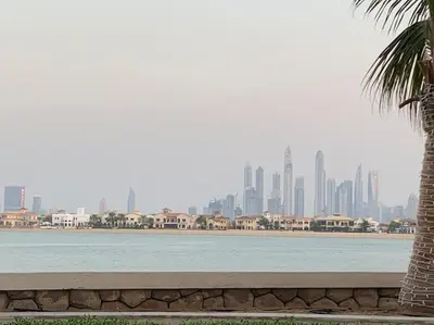 a view of a city from the water with a palm tree at Balqis Residense Palm Jumeirah,Pool, Beach, Top floor, Full sea view, Restaurants in Dubai