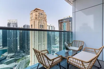 a balcony with a view of a city skyline at GuestReady - Gray Cloud Retreat - MBL Cluster in Dubai