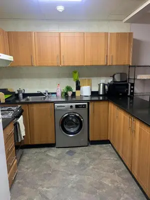 a kitchen with a washing machine and a sink at Huge Entire apartment for Couples ,families & Groups -up to 5 Guests- with free pool, steam & Sauna ,JVC,Dubai in Dubai