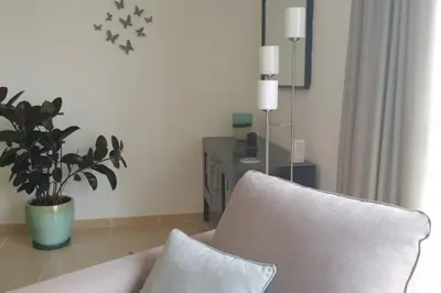 a living room with a white couch and a plant at Beautiful apartment with amazing sea views in Dubai