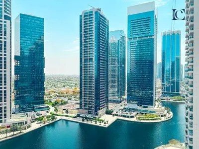 an aerial view of a city with tall buildings at Luxury Escapes - New Lake View Studio in JLT - near Metro in Dubai