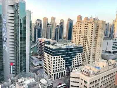an aerial view of a city with tall buildings at Luxury Room with Marina view close to JBR Beach and Metro with Shared Kitchen in Dubai