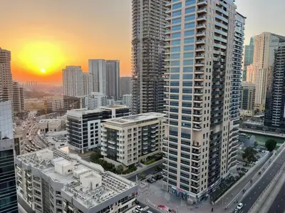 an aerial view of a city with tall buildings at Luxury Room with Marina view close to JBR Beach and Metro with Shared Kitchen in Dubai