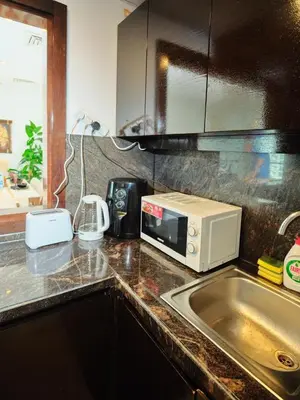 a kitchen counter with a microwave and a sink at Wonderful two bed room with full marina view in Dubai
