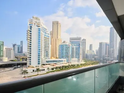 a view of a city from the balcony of a building at Wonderful two bed room with full marina view in Dubai