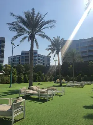 a park with benches and palm trees and a building at Cozy 1-bedroom apartment in Dubai South with Pool in Dubai