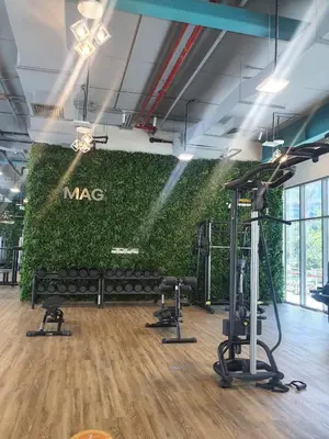 a green wall in a gym with exercise equipment at Cozy 1-bedroom apartment in Dubai South with Pool in Dubai
