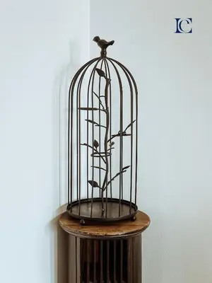 a bird cage sitting on top of a wooden stand at Luxury Escapes - Tranquil Studio Near Furjan Metro - Relaxing Holiday Retreat in Dubai