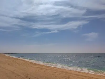a sandy beach with the ocean on a cloudy day at Lovely sea view apt La Cote 1 La Mer 1min to beach in Dubai