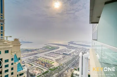 a view of the ocean from the top of a building at Captivating Sky & Sea Views in Two Bedroom Suite in Dubai