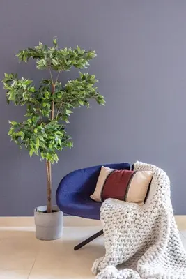 a chair with a pillow next to a potted tree at The Smart Concierge - Plaza residence in Dubai