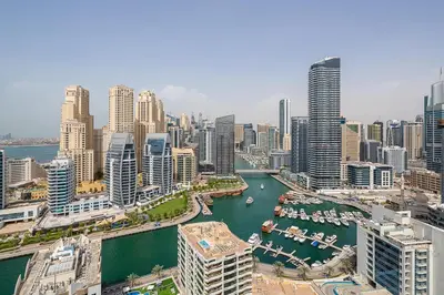 an aerial view of a city with a harbor at Frank Porter - Studio One in Dubai