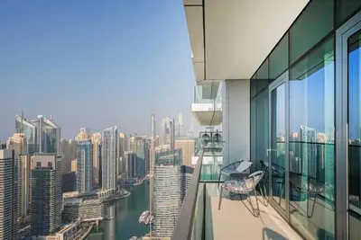 a view of a city skyline from a building at Modern 2BR High Floor Haven in Vida Dubai Marina in Dubai