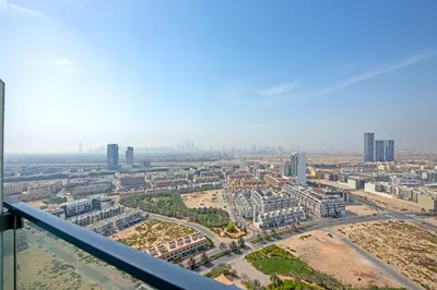 an aerial view of a city with tall buildings at Apartment on 26th Floor & Beautiful Views (2 adults + 2 kids) in Dubai