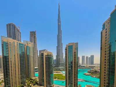 a view of a city skyline with the burj khalifa at HiGuests - Amazing Apartment overlooking Burj Khalifa! in Dubai