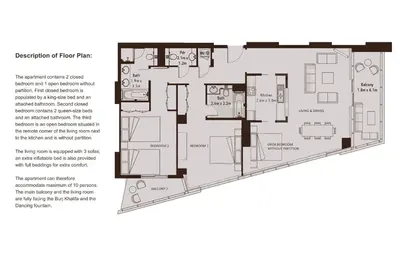 a floor plan of a three storey house at Elite Royal Apartment - Panoramic Full Burj Khalifa, Fountain & Skyline view - Imperial - 2 bedrooms & 1 open bedroom without partition in Dubai
