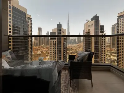 a balcony with a view of a city skyline at Trophy Elite Elegance Suites with Panaromic Burj Khalifa Views in Dubai