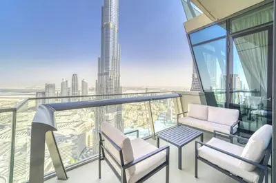 a balcony with a view of the city at Burj Vista, Downtown Dubai - Burj Khalifa View - Mint Stay in Dubai