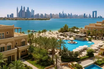 an aerial view of a resort with the city in the background at Wyndham Residences The Palm in Dubai