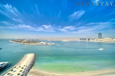 an aerial view of the beach and the ocean at Beach Vista 1 Emaar Beachfront - Mint Stay in Dubai