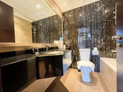 a bathroom with a toilet and a sink at Luton Vacation Homes - Elite Downtown Residence, Burj Khalifa View Dubai - 19AB01 in Dubai