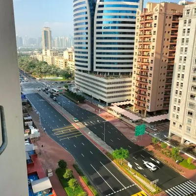 an aerial view of a city street with tall buildings at Amazing apartment 2 bed rooms in Tecom 6 pax in Dubai