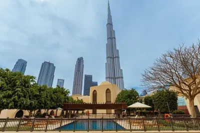 a view of the burj khalifa from the city at Maison Privee - Elite Apt Connected to Dubai Mall & Burj Khalifa in Dubai