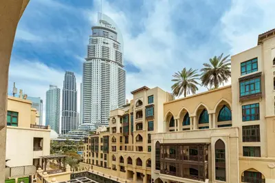 a view of a city with a tall skyscraper at Maison Privee - Elite Apt Connected to Dubai Mall & Burj Khalifa in Dubai