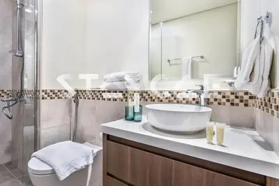 a bathroom with a sink and a shower at Staycae Holiday Homes - Vera by DAMAC Near Downtown, Business Bay in Dubai