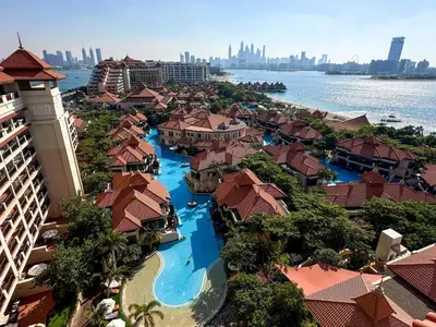 an aerial view of a resort near the water at Relaxing 1 bedroom apartment at 5 Star Resort in Dubai