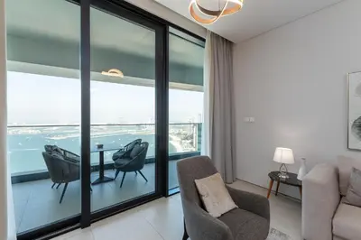 a living room with a view of the ocean at Address JBR Sea Views, Jumeirah Beach Residence, Dubai Marina - Mint Stay in Dubai