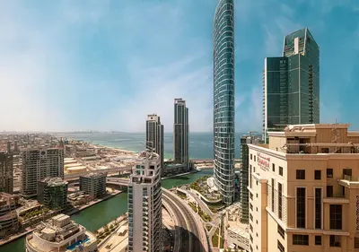 a view of a city with tall buildings at Luxury Beachfront 2Bd Apt, Shams, JBR in Dubai