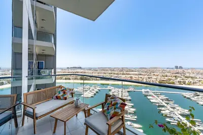 a balcony with a view of a marina at Oceana Residences, The Palm Jumeirah - Mint Stay in Dubai