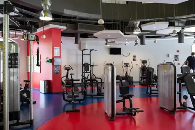 a fitness room with cardio equipment in a gym at 2BR in JBR / Sea View / Dubai Marina / Walk2Beach in Dubai