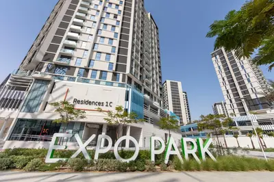 a rendering of the xypark building at Expo Village Serviced Apartments in Dubai