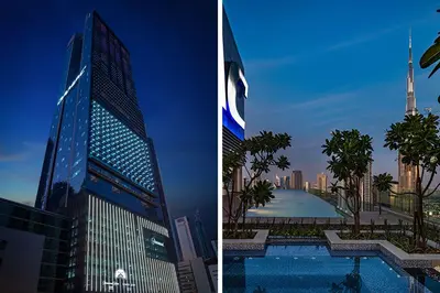 a tall building with a pool in front of a city at Paramount Midtown Deluxe 1 BR Apartment with Full Burj-Khalifa View in Dubai