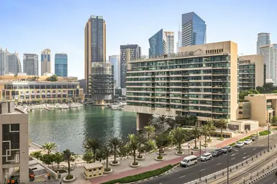 a view of a city with a river and buildings at Silkhaus just furnished 1BDR in JBR near the beach in Dubai