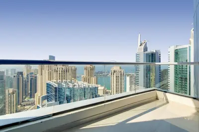 a view of the city from the balcony of a building at Bay Central, Central Tower - Tranquil Two Bedroom in Dubai