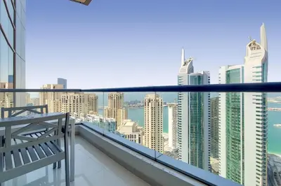 a balcony with a view of the city at Bay Central, Central Tower - Tranquil Two Bedroom in Dubai