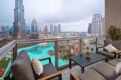 a balcony with a view of a city at Elite Royal Apartment - Full Burj Khalifa & Fountain View - Majesty in Dubai