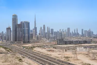 an aerial view of a large city with tall buildings at New 2 bedroom in Meydan - Burj Khalifa View in Dubai