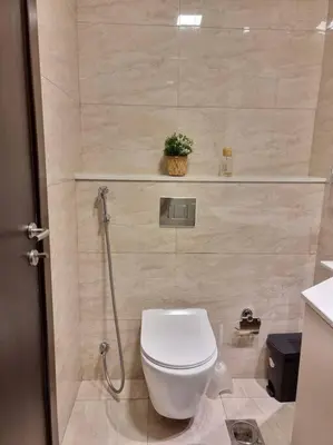 a bathroom with a toilet and a plant on the wall at Premium Lovely Studio with Balcony in Dubai in Dubai