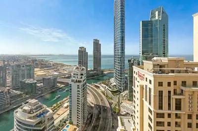 an aerial view of a city with tall buildings at Beautiful Sea and Marina View - Premium 2BR in JBR in Dubai