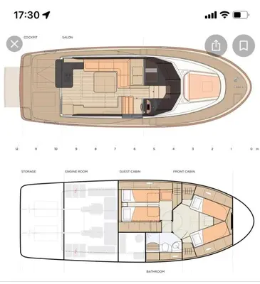 a plan of a boat and a floor plan at Yacht Experience - Stella Romana in Dubai