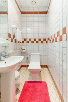 a bathroom with a toilet and a sink and a red rug at Holiday Home near beach & metro in Dubai