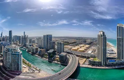 an aerial view of a city with a river and buildings at Canal View apartment in Address Beach Residence JBR, the 29th floor, 1BR in Dubai