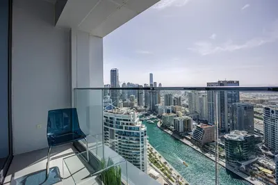a room with a view of a river in a city at Canal View apartment in Address Beach Residence JBR, the 29th floor, 1BR in Dubai