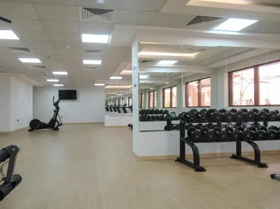 a gym with dumbbells and weights in a room at Frank Porter - Elite Residence in Dubai